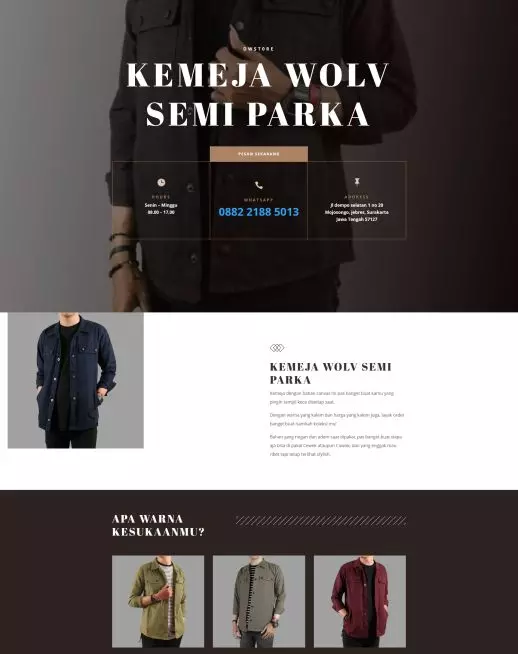 halaman website landing page produk kemeja wolv